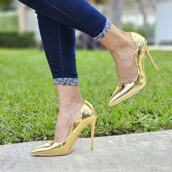 Womens Pointed Toe Stiletto High Heels Pumps Gold Color - Picture 1 of 7